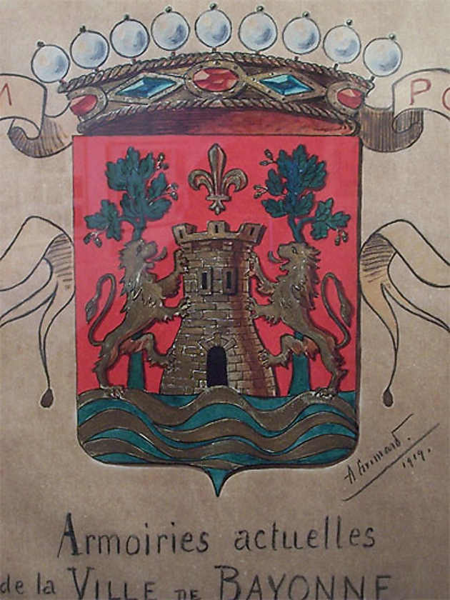 FANION ANCIEN PASAJES Pays Basque bleu et or pochoir vue du port 50s