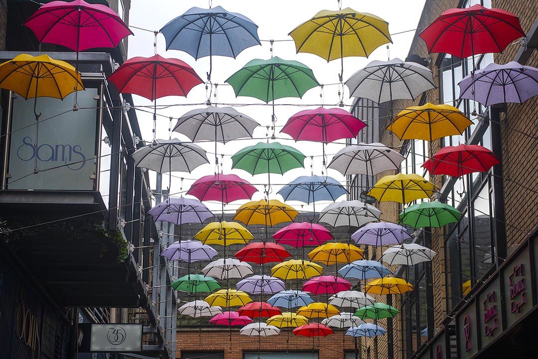 Des parapluies colorés dans une rue de Dublin