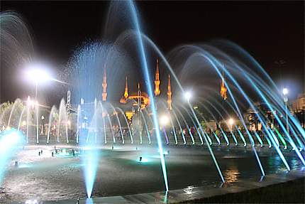 Mosquée bleue dissimulée derrière la fontaine