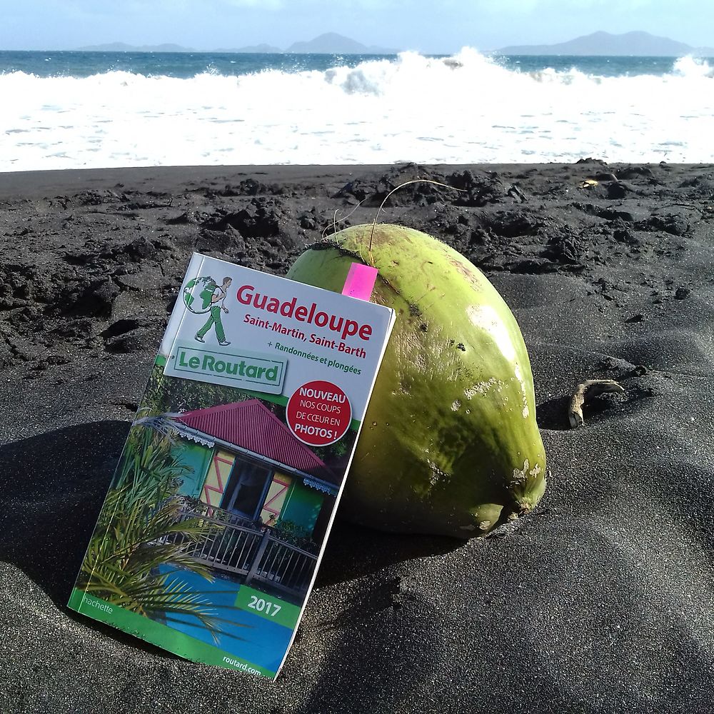 Noix de coco sur plage de sable noire