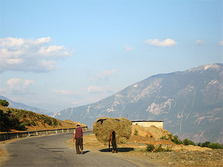 Un paysan et son âne dans les Alpes albanaises Un paysan et son âne dans les Alpes albanaises