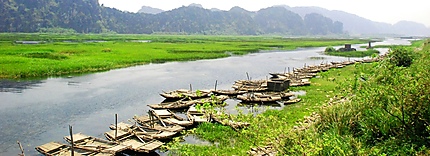 Des barques se reposent rivièr Van Long, Ninh BINH