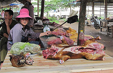 Viande de chien sur un marché rural dans le Nord Vietnam, sur la route entre Hanoï et la Baie d'Halong