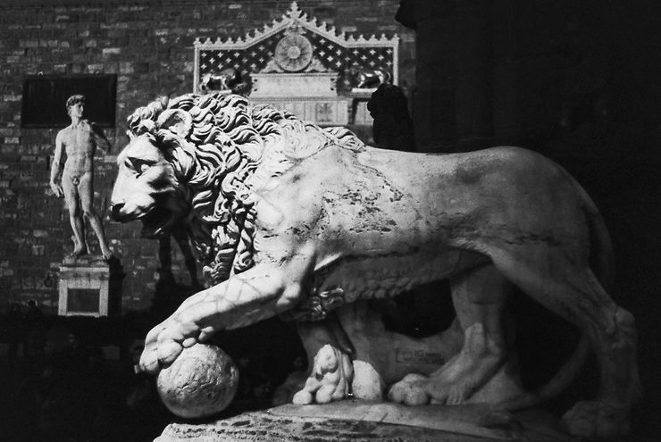 David se cache derrière le lion, Florence, Italie