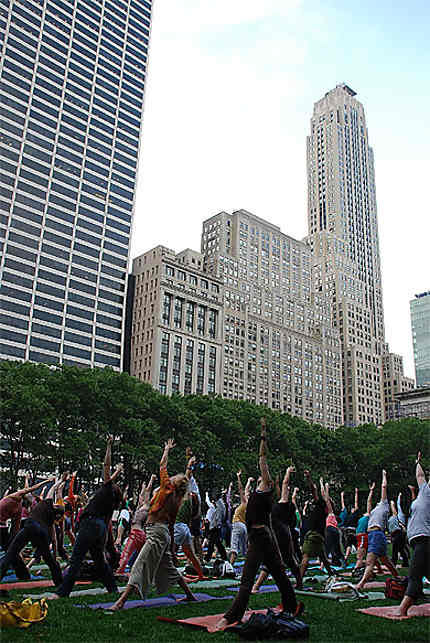 Stretching in Bryant Park