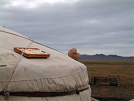 Fromages et panse séchant sur le toit d'une yourte mongole