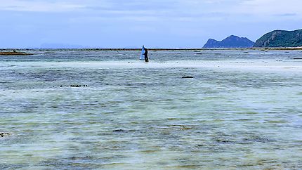 Un pêcheur au filet dans des eaux bleues turquoise