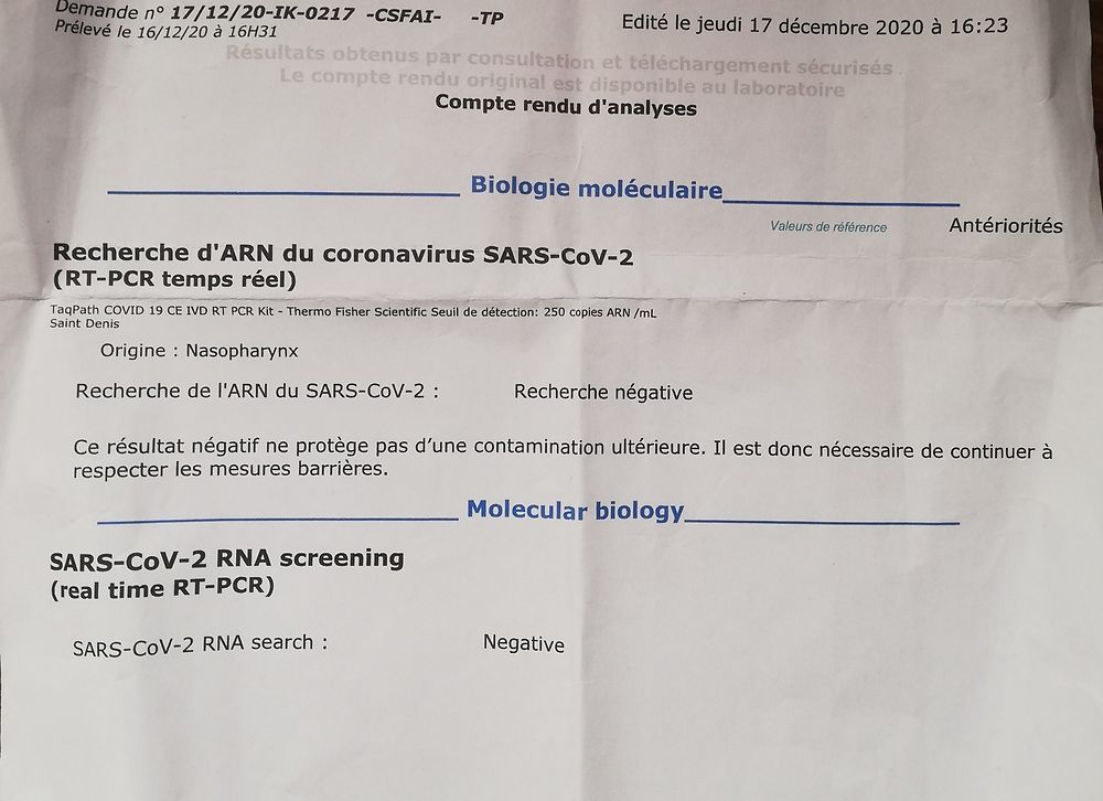 Re: Test PCR traduits en anglais - France (Tenerife)