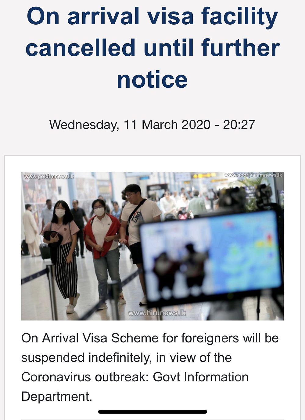 Coronavirus - ETA (visa touristique de 30 jours) suspendu à l’arrivée  - Tongs et Sri Lanka (Blog)